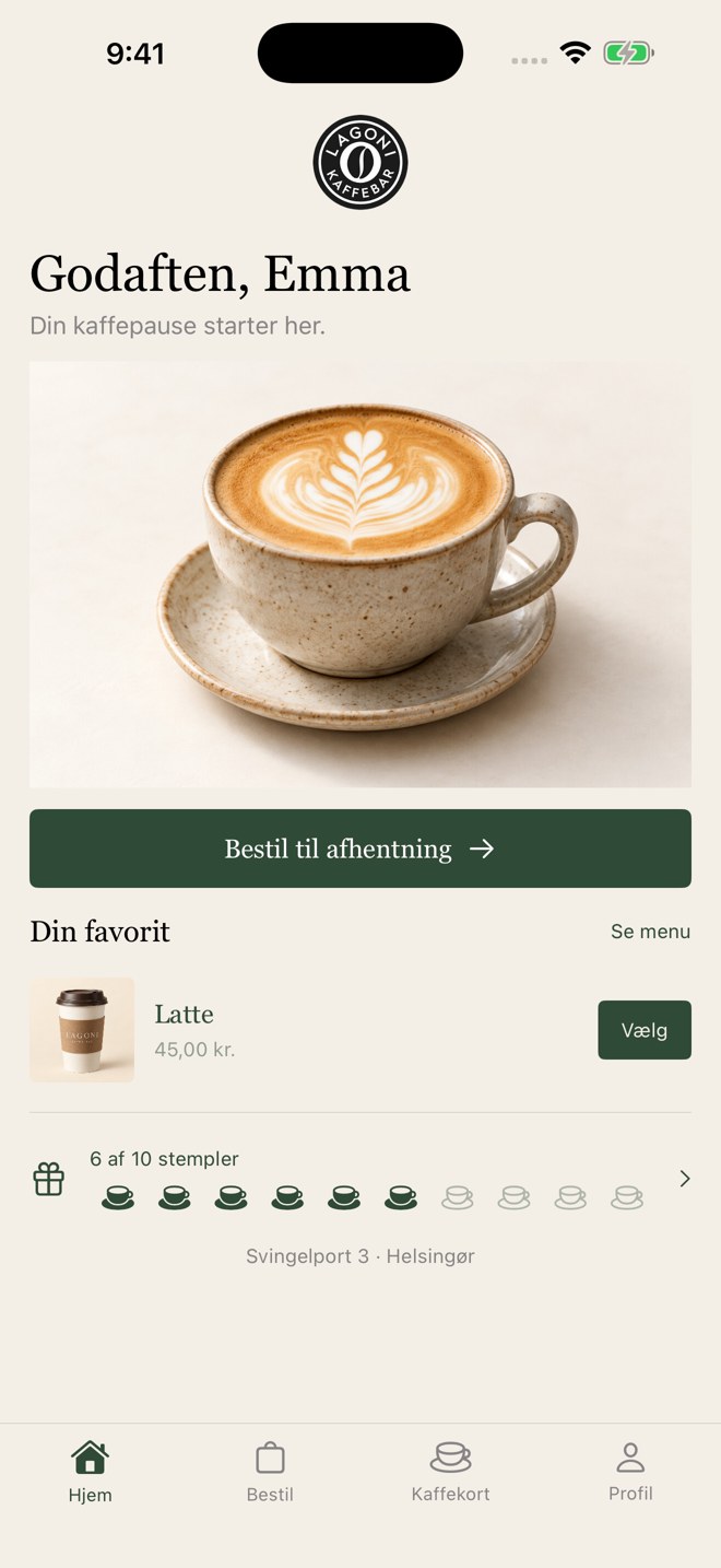 Lagoni-appens startside med kaffe, bestilling og kaffestempler
